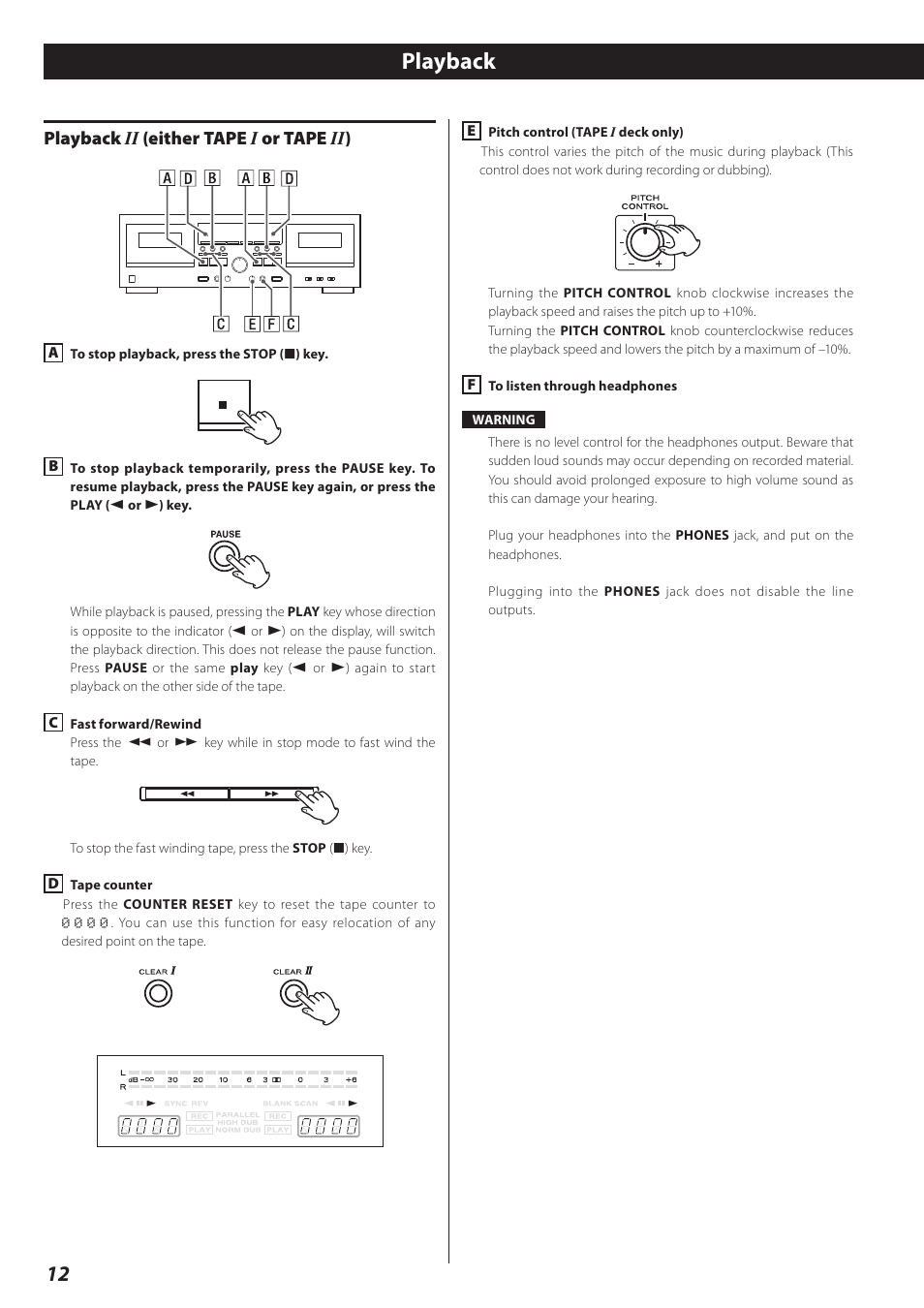 Playback ii (either tape i or tape ii), Playback, Playback ii (either tape i or tape ii ) | Teac Double Auto Reverse Cassette Deck W-890R User Manual | Page 12 / 64