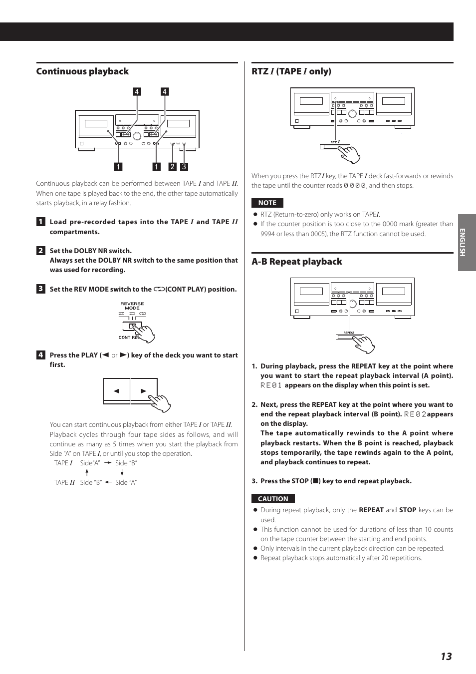 Continuous playback, Rtz i (tape i only), A-b repeat playback | Teac Double Auto Reverse Cassette Deck W-890R User Manual | Page 13 / 64