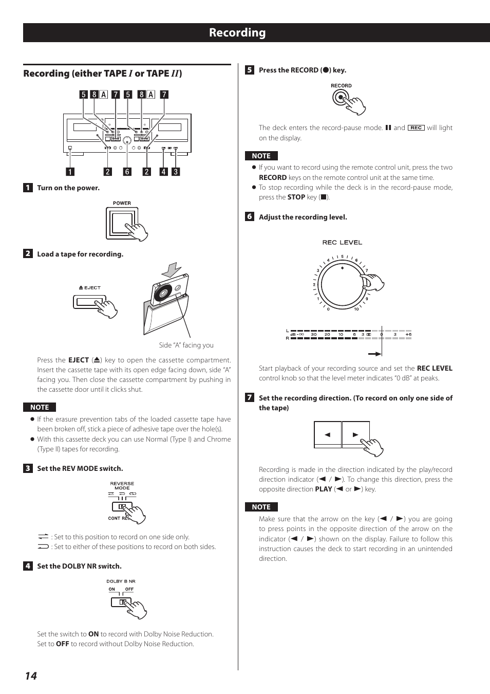 Recording, Recording (either tape i or tape ii), Recording (either tape i or tape ii ) | Teac Double Auto Reverse Cassette Deck W-890R User Manual | Page 14 / 64