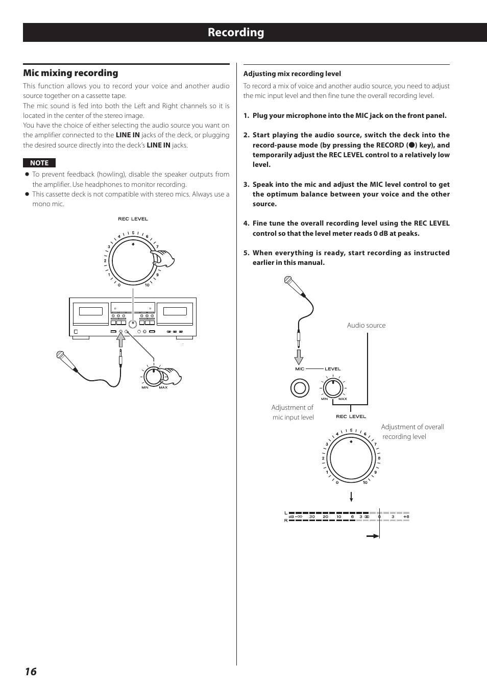 Mic mixing recording, Recording | Teac Double Auto Reverse Cassette Deck W-890R User Manual | Page 16 / 64