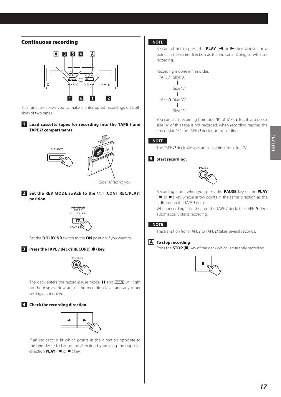 Continuous recording | Teac Double Auto Reverse Cassette Deck W-890R User Manual | Page 17 / 64