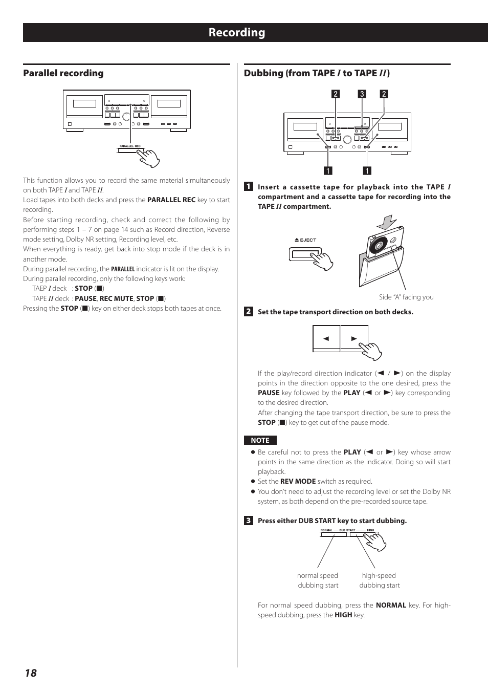 Parallel recording, Dubbing (from tape i to tape ii), Recording | Dubbing (from tape i to tape ii ) | Teac Double Auto Reverse Cassette Deck W-890R User Manual | Page 18 / 64