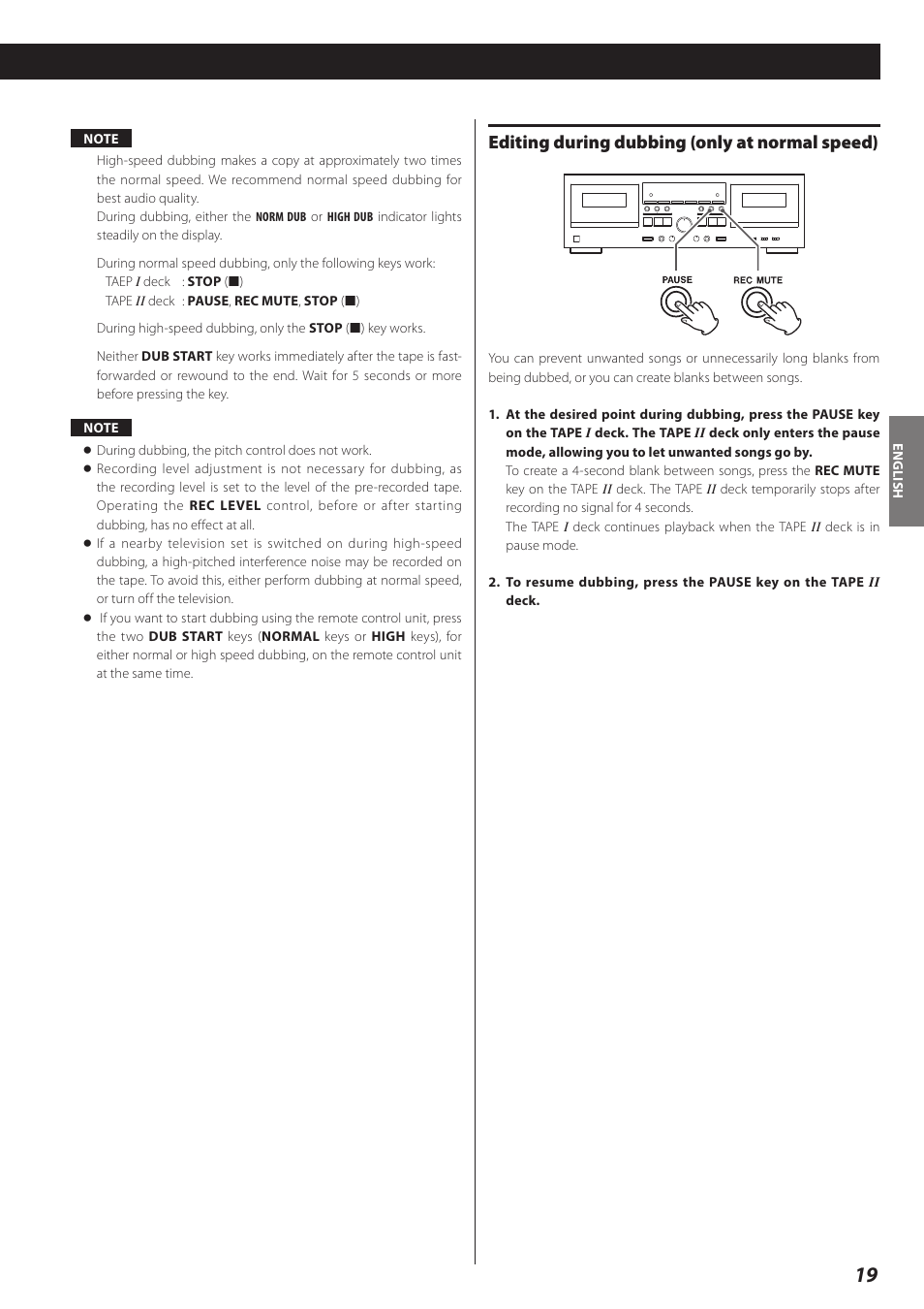 Editing during dubbing (only at normal speed) | Teac Double Auto Reverse Cassette Deck W-890R User Manual | Page 19 / 64