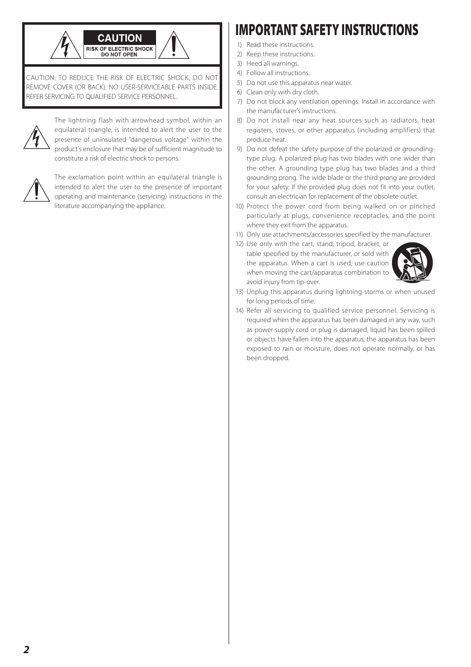 Important safety instructions | Teac Double Auto Reverse Cassette Deck W-890R User Manual | Page 2 / 64