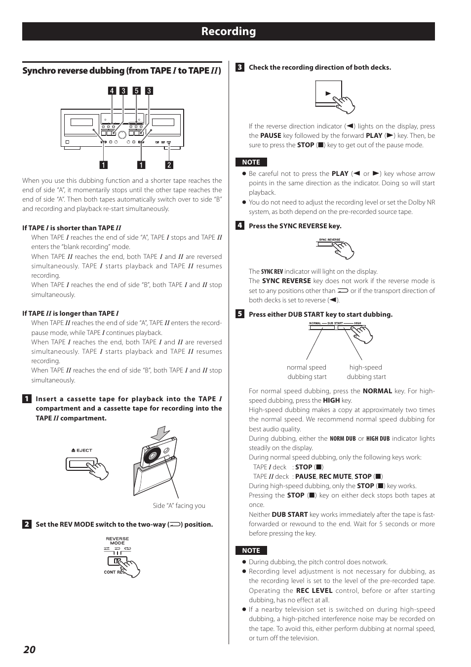 Synchro reverse dubbing (from tape i to tape ii), Recording, Synchro reverse dubbing (from tape i to tape ii ) | Teac Double Auto Reverse Cassette Deck W-890R User Manual | Page 20 / 64