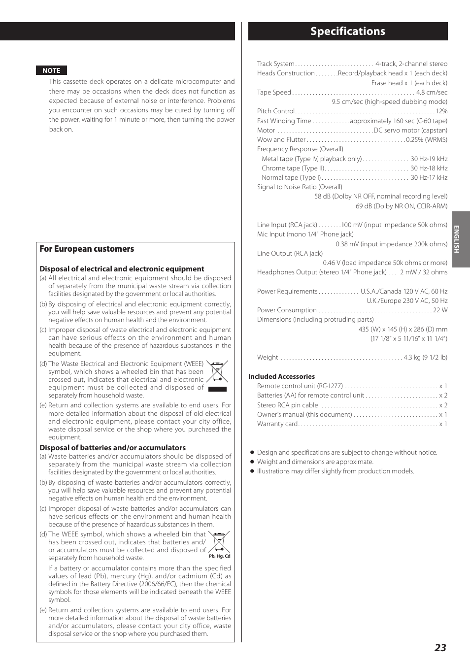 For european customers, Disposal of electrical and electronic equipment, Disposal of batteries and/or accumulators | Specifications | Teac Double Auto Reverse Cassette Deck W-890R User Manual | Page 23 / 64