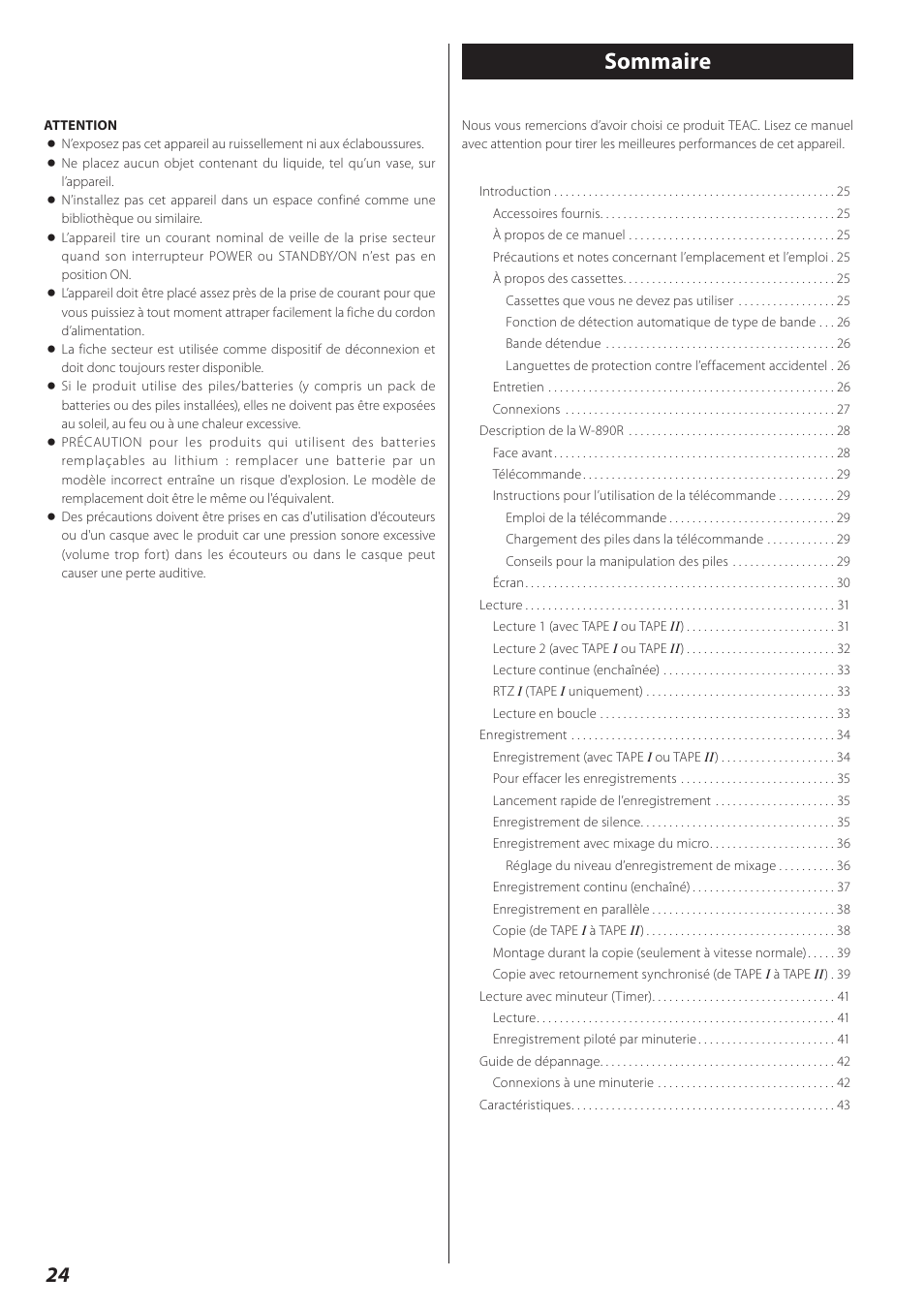 Français, Sommaire | Teac Double Auto Reverse Cassette Deck W-890R User Manual | Page 24 / 64