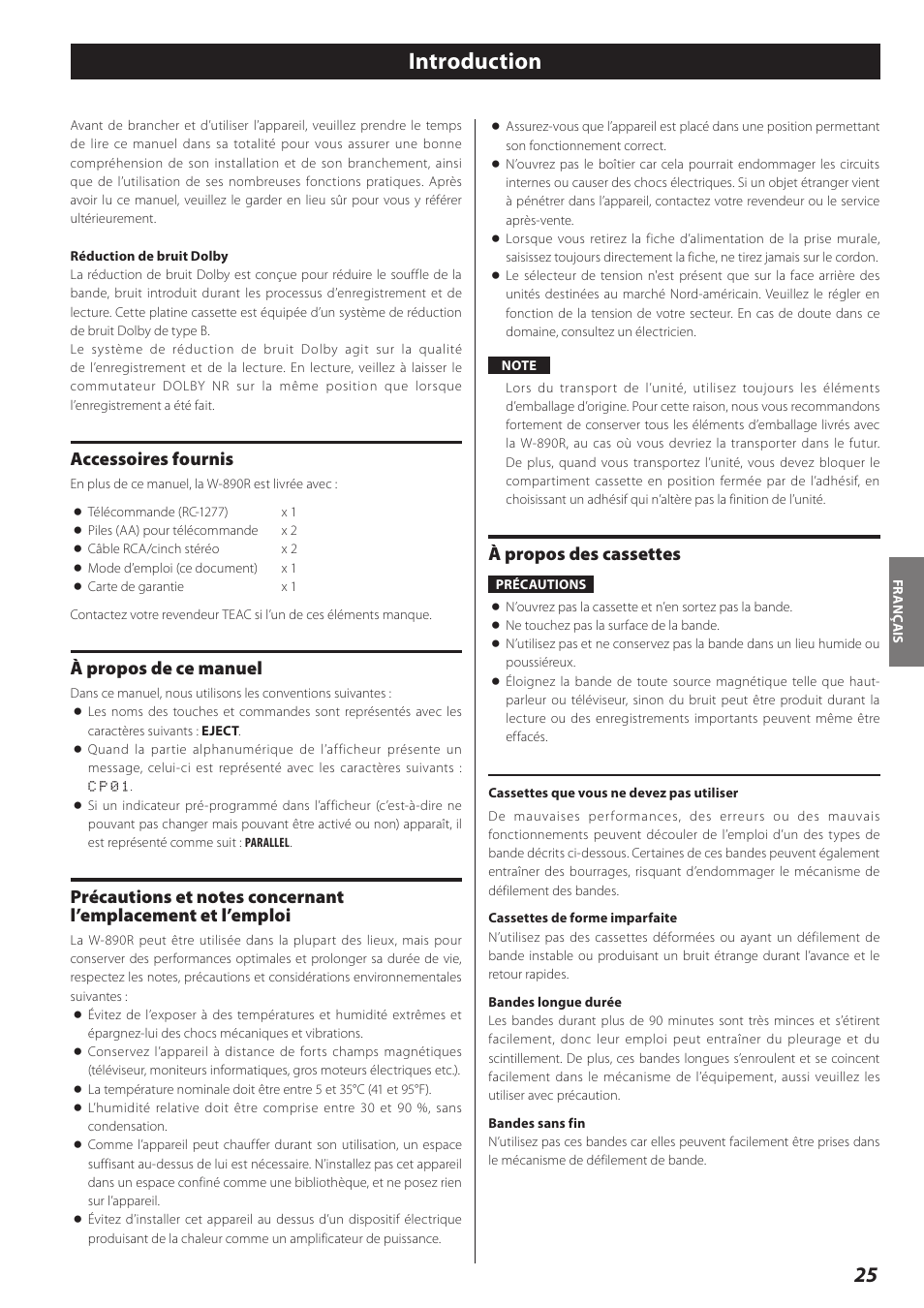 Introduction, Accessoires fournis, À propos de ce manuel | À propos des cassettes | Teac Double Auto Reverse Cassette Deck W-890R User Manual | Page 25 / 64