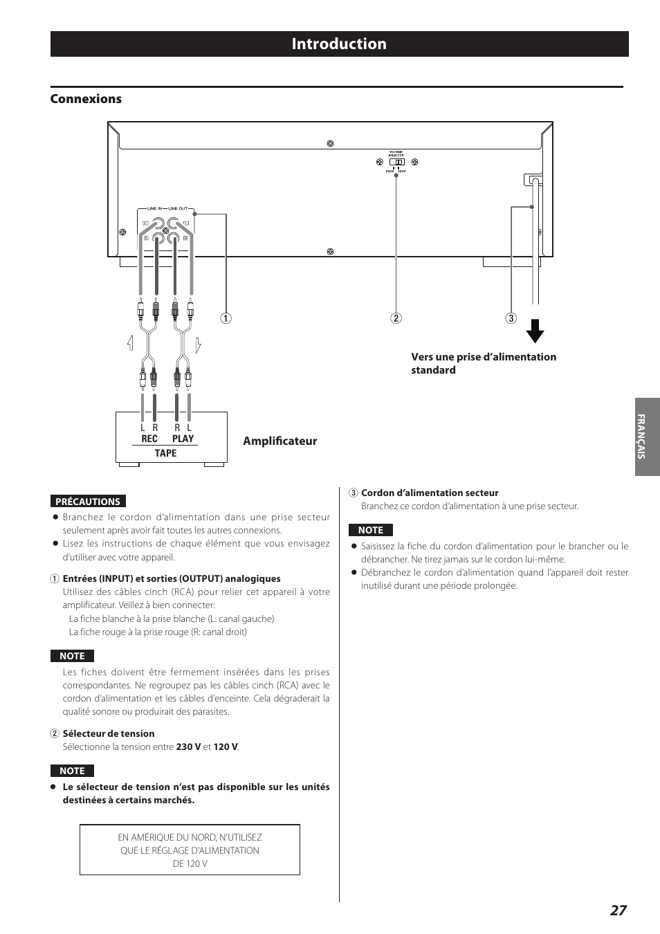 Connexions, Introduction | Teac Double Auto Reverse Cassette Deck W-890R User Manual | Page 27 / 64