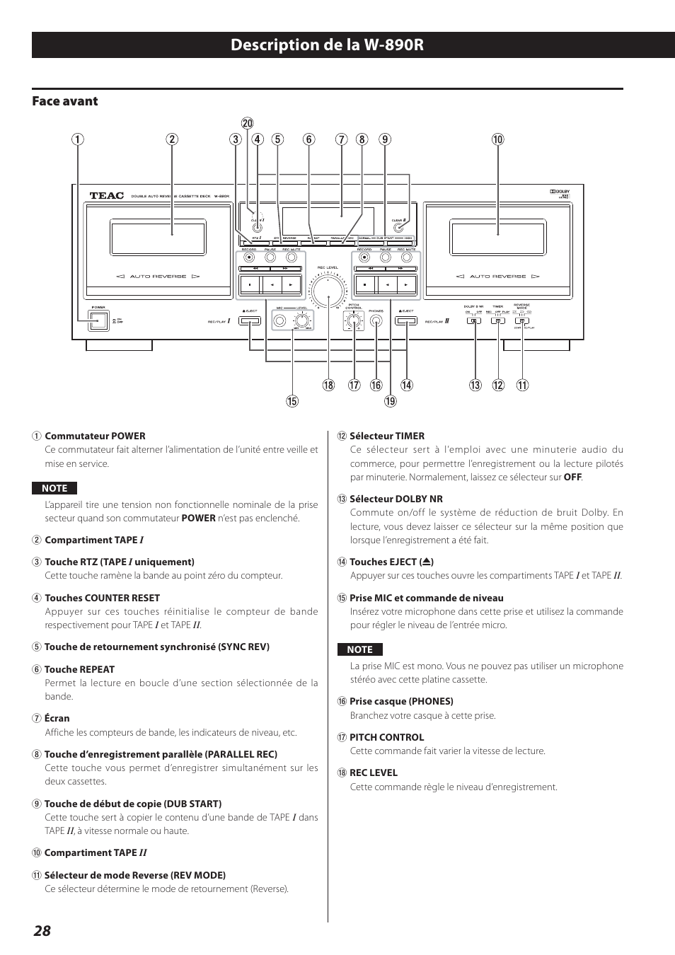 Description de la w-890r, Face avant | Teac Double Auto Reverse Cassette Deck W-890R User Manual | Page 28 / 64