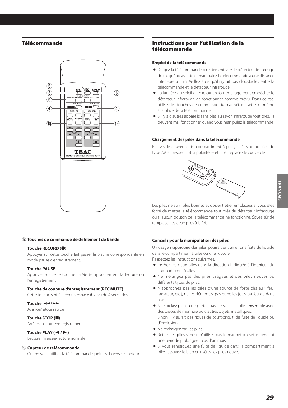 Télécommande, Instructions pour l’utilisation de latélécommande, Instructions pour l’utilisation de la télécommande | Teac Double Auto Reverse Cassette Deck W-890R User Manual | Page 29 / 64