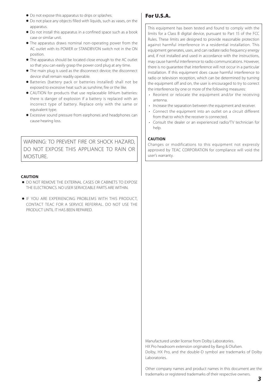 For u.s.a | Teac Double Auto Reverse Cassette Deck W-890R User Manual | Page 3 / 64