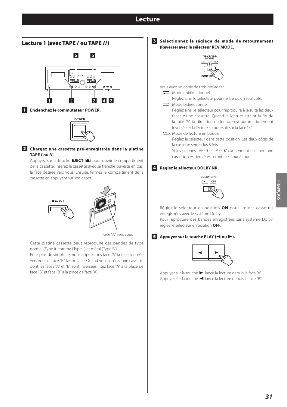 Lecture, Lecture 1 (avec tape i ou tape ii), Lecture 1 (avec tape i ou tape ii ) | Teac Double Auto Reverse Cassette Deck W-890R User Manual | Page 31 / 64