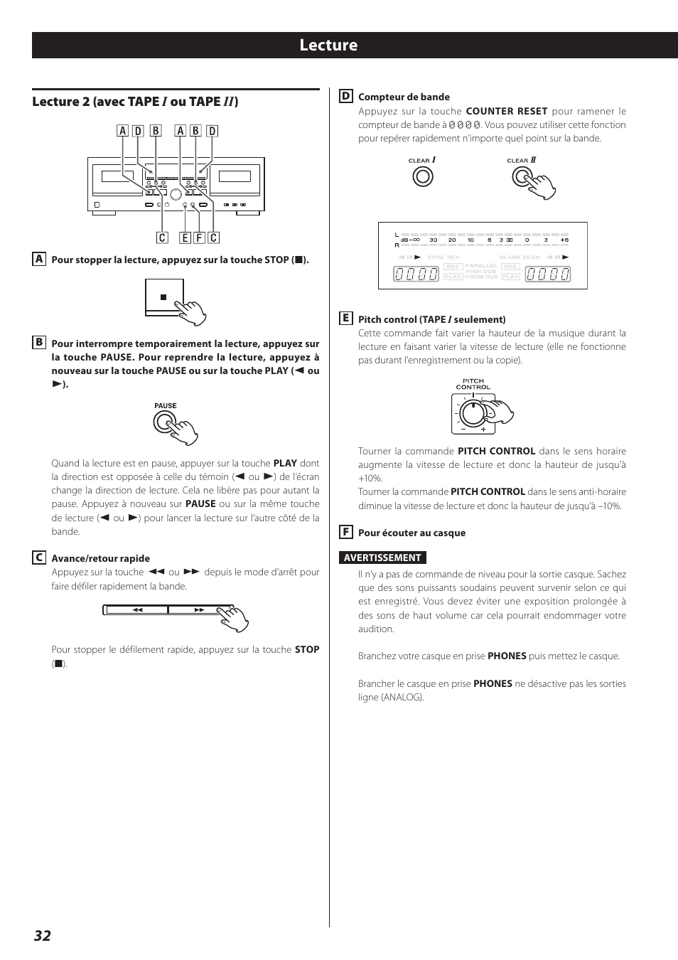 Lecture 2 (avec tape i ou tape ii)a, Lecture, Lecture 2 (avec tape i ou tape ii ) | Teac Double Auto Reverse Cassette Deck W-890R User Manual | Page 32 / 64