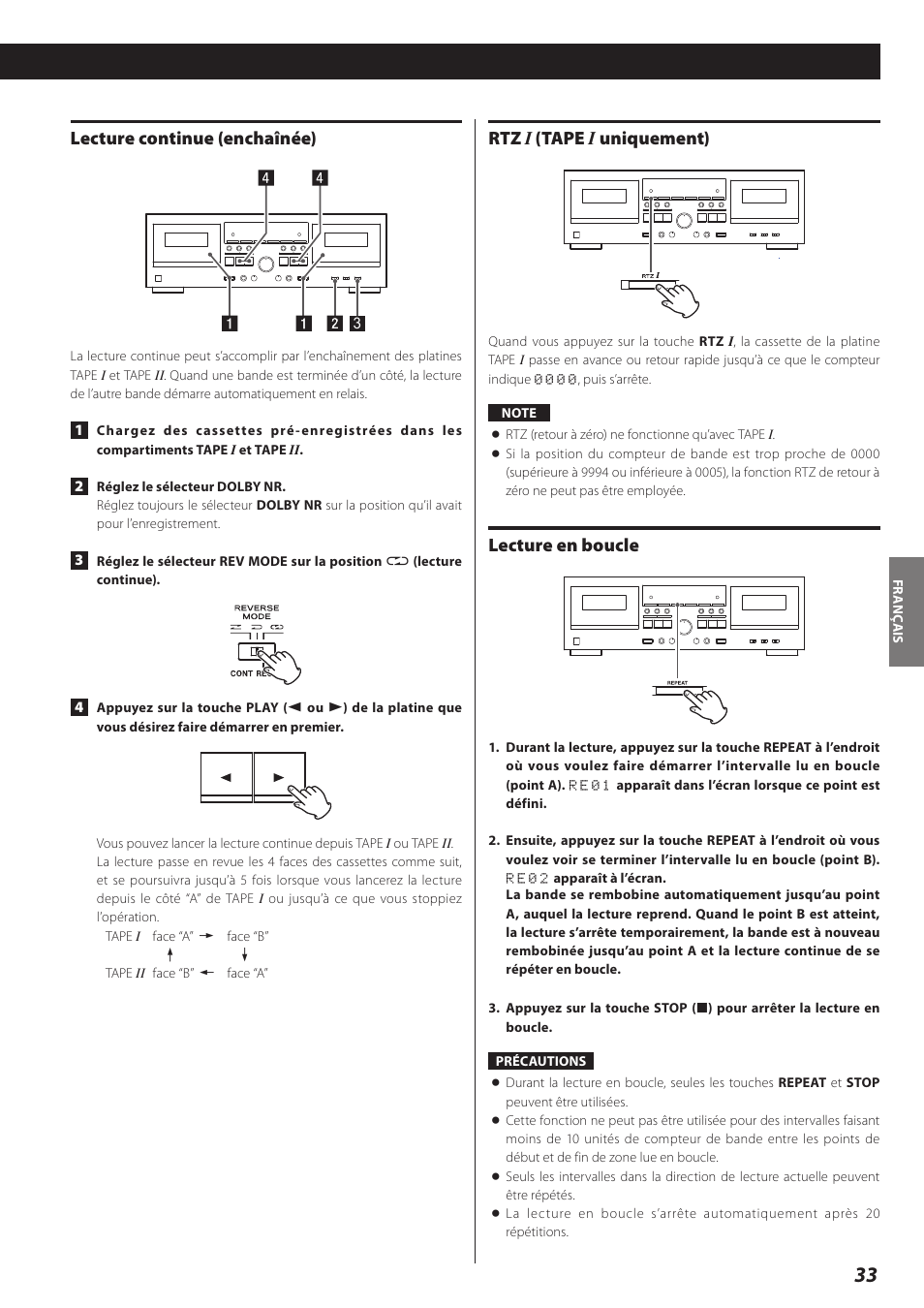 Lecture continue (enchaînée), Rtz i (tape i uniquement), Lecture en boucle | Teac Double Auto Reverse Cassette Deck W-890R User Manual | Page 33 / 64