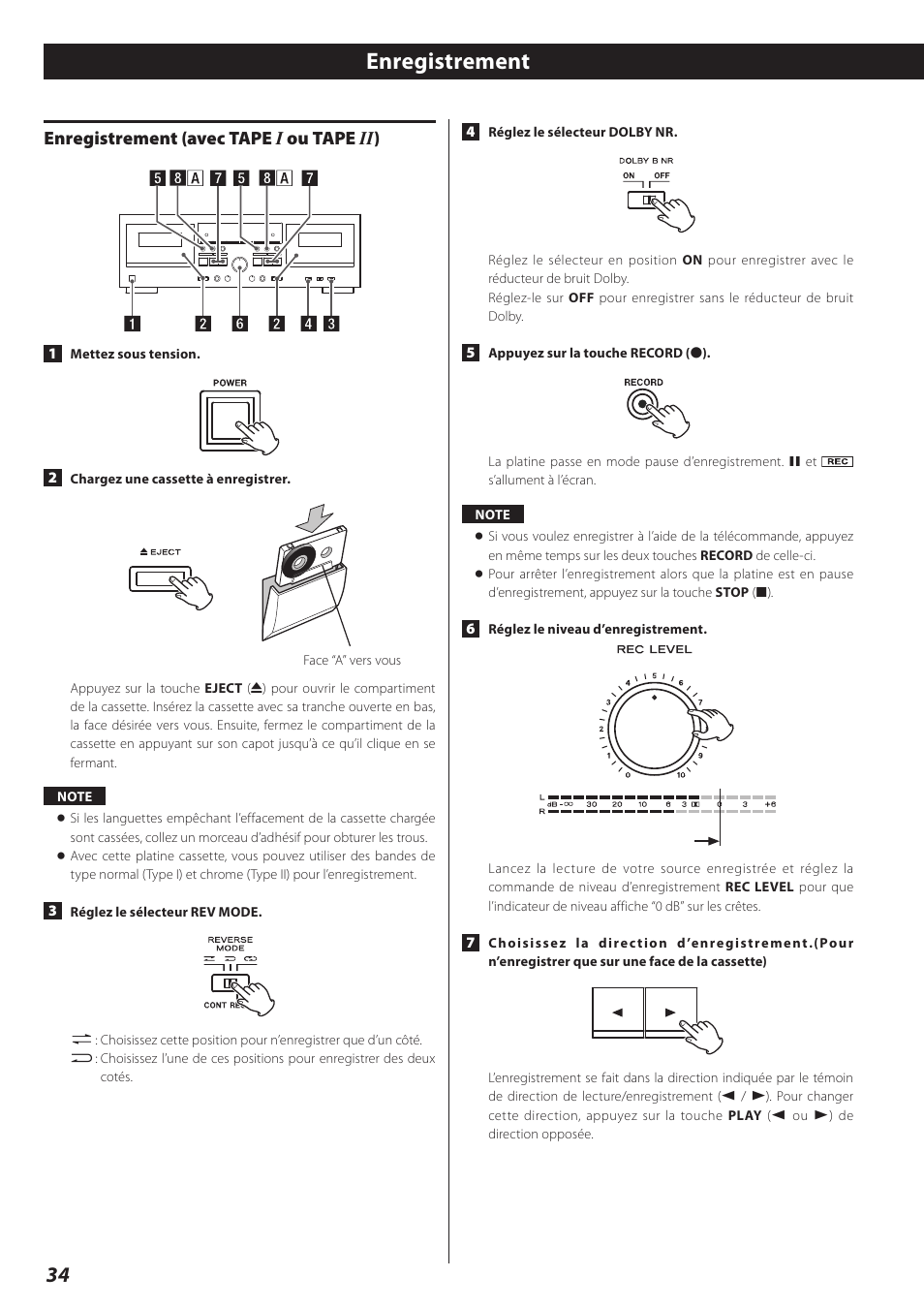 Enregistrement, Enregistrement (avec tape i ou tape ii), Enregistrement (avec tape i ou tape ii ) | Teac Double Auto Reverse Cassette Deck W-890R User Manual | Page 34 / 64