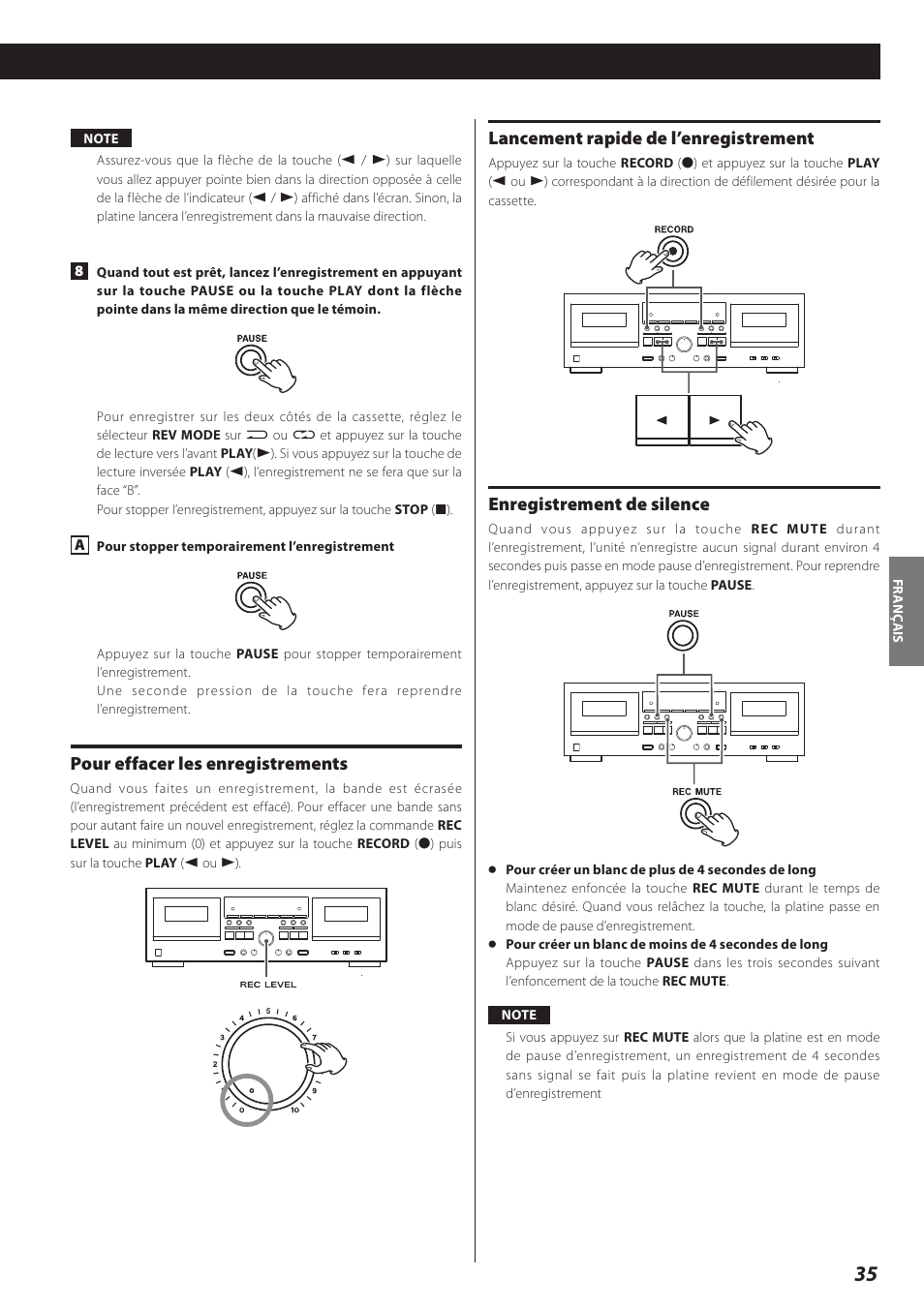 Pour effacer les enregistrements, Lancement rapide de l’enregistrement, Enregistrement de silence | Teac Double Auto Reverse Cassette Deck W-890R User Manual | Page 35 / 64