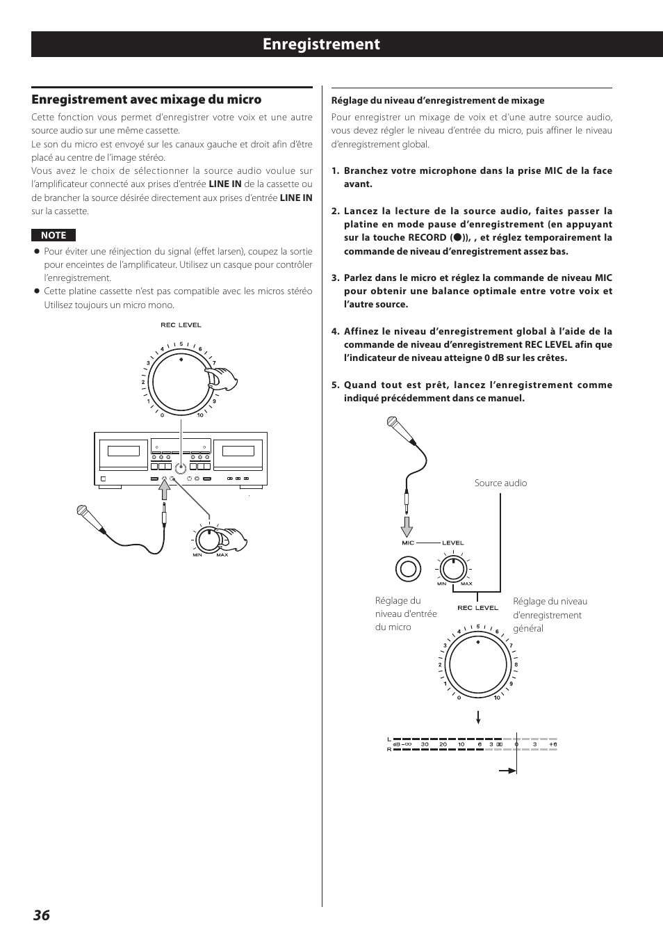 Enregistrement avec mixage du micro, Enregistrement | Teac Double Auto Reverse Cassette Deck W-890R User Manual | Page 36 / 64