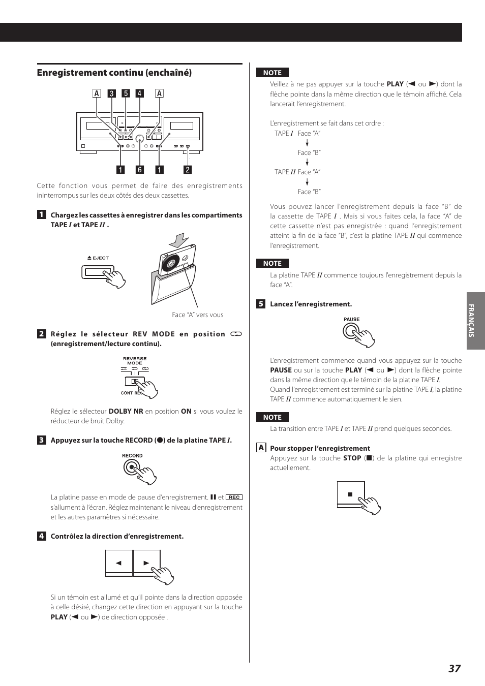 Enregistrement continu (enchaîné) | Teac Double Auto Reverse Cassette Deck W-890R User Manual | Page 37 / 64