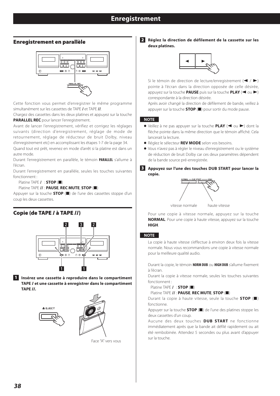 Enregistrement en parallèle, Copie (de tape i à tape ii), Enregistrement | Copie (de tape i à tape ii ) | Teac Double Auto Reverse Cassette Deck W-890R User Manual | Page 38 / 64