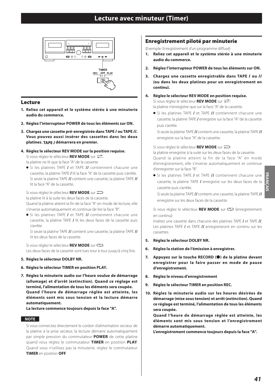 Lecture avec minuteur (timer), Lecture, Enregistrement piloté par minuterie | Teac Double Auto Reverse Cassette Deck W-890R User Manual | Page 41 / 64