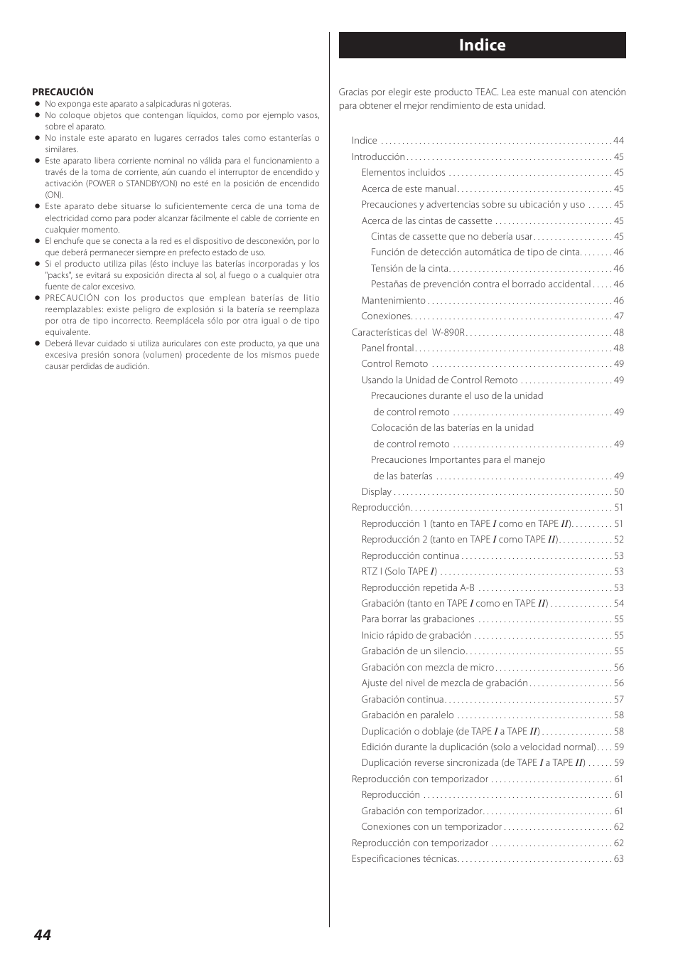 Español, Indice | Teac Double Auto Reverse Cassette Deck W-890R User Manual | Page 44 / 64