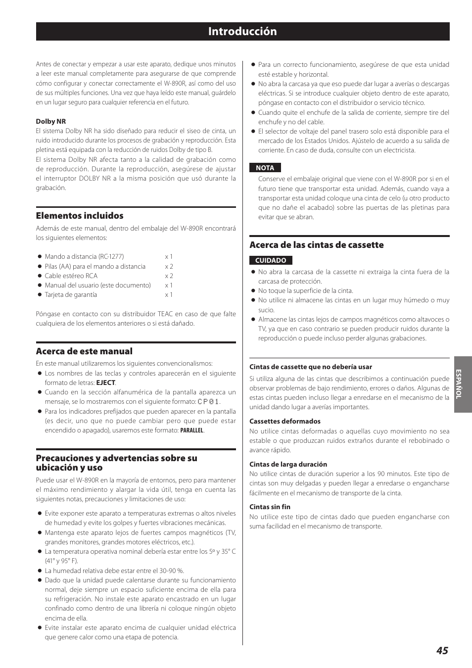 Introducción, Elementos incluidos, Acerca de este manual | Acerca de las cintas de cassette | Teac Double Auto Reverse Cassette Deck W-890R User Manual | Page 45 / 64