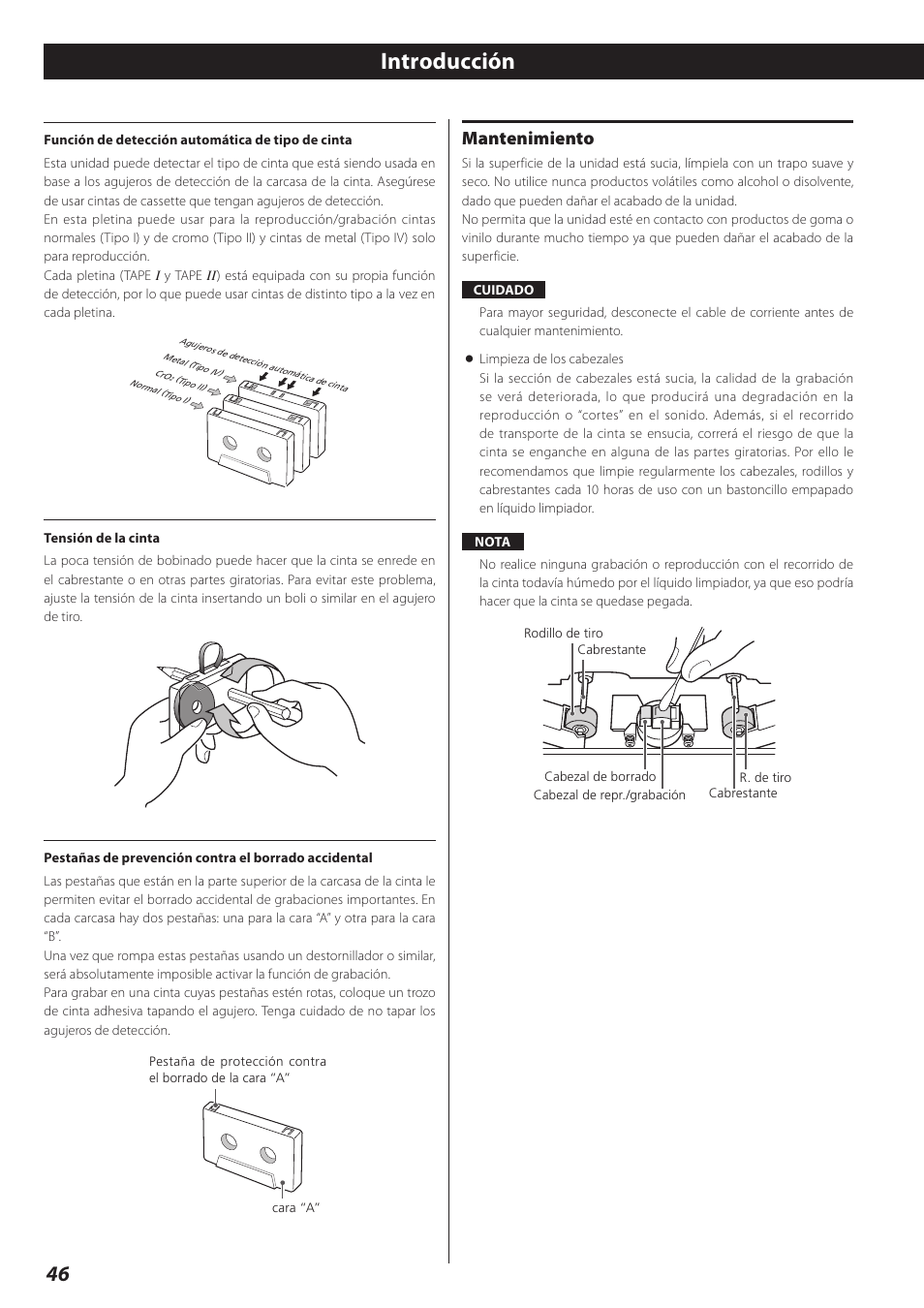 Mantenimiento, Introducción | Teac Double Auto Reverse Cassette Deck W-890R User Manual | Page 46 / 64