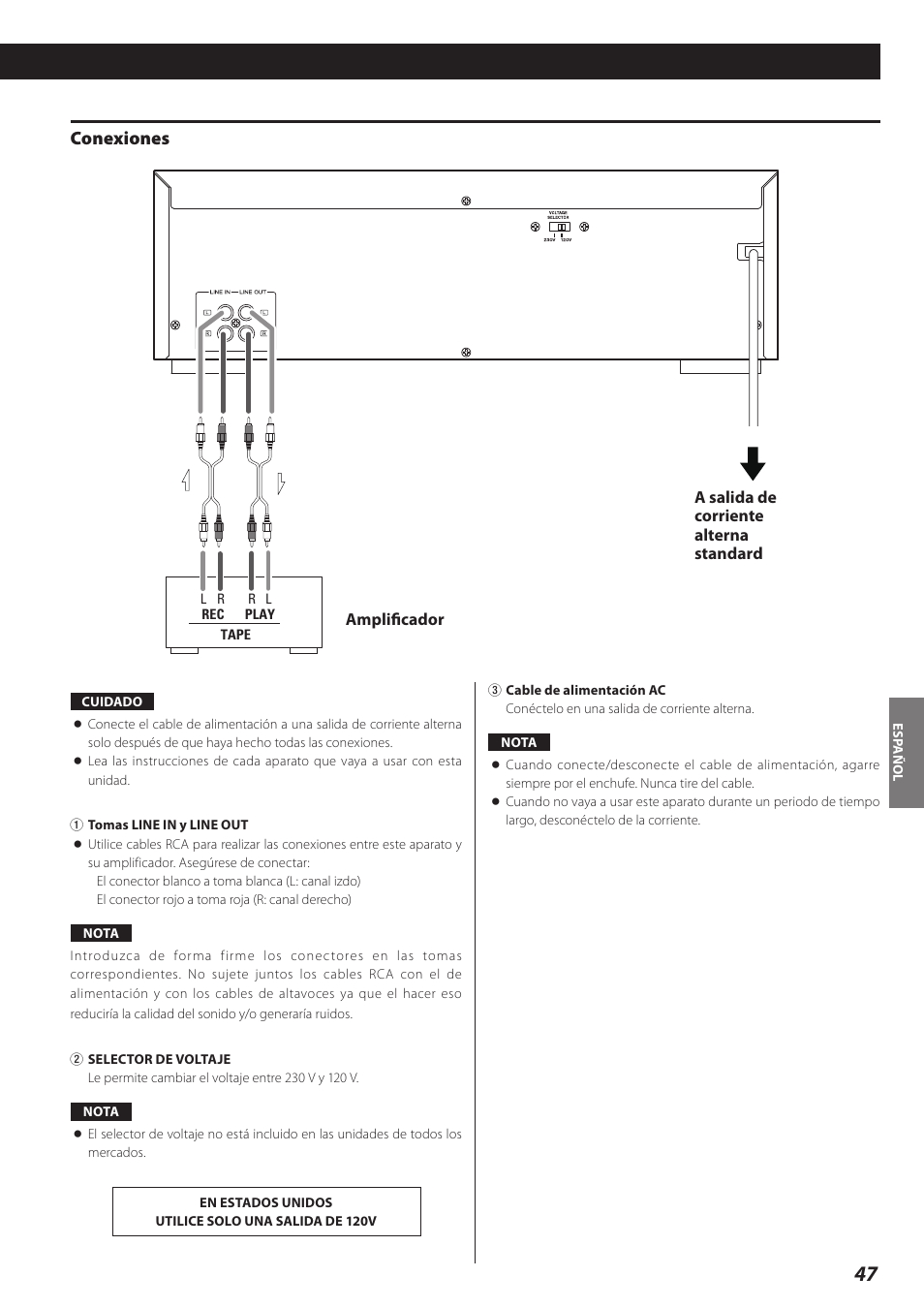 Conexiones | Teac Double Auto Reverse Cassette Deck W-890R User Manual | Page 47 / 64