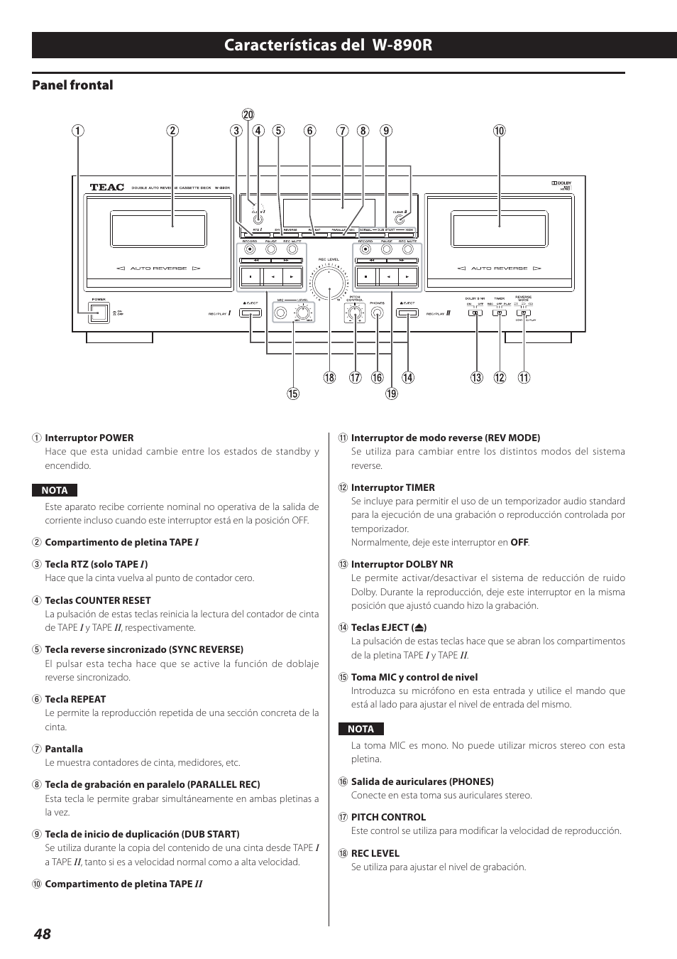 Características del w-890r, Panel frontal | Teac Double Auto Reverse Cassette Deck W-890R User Manual | Page 48 / 64