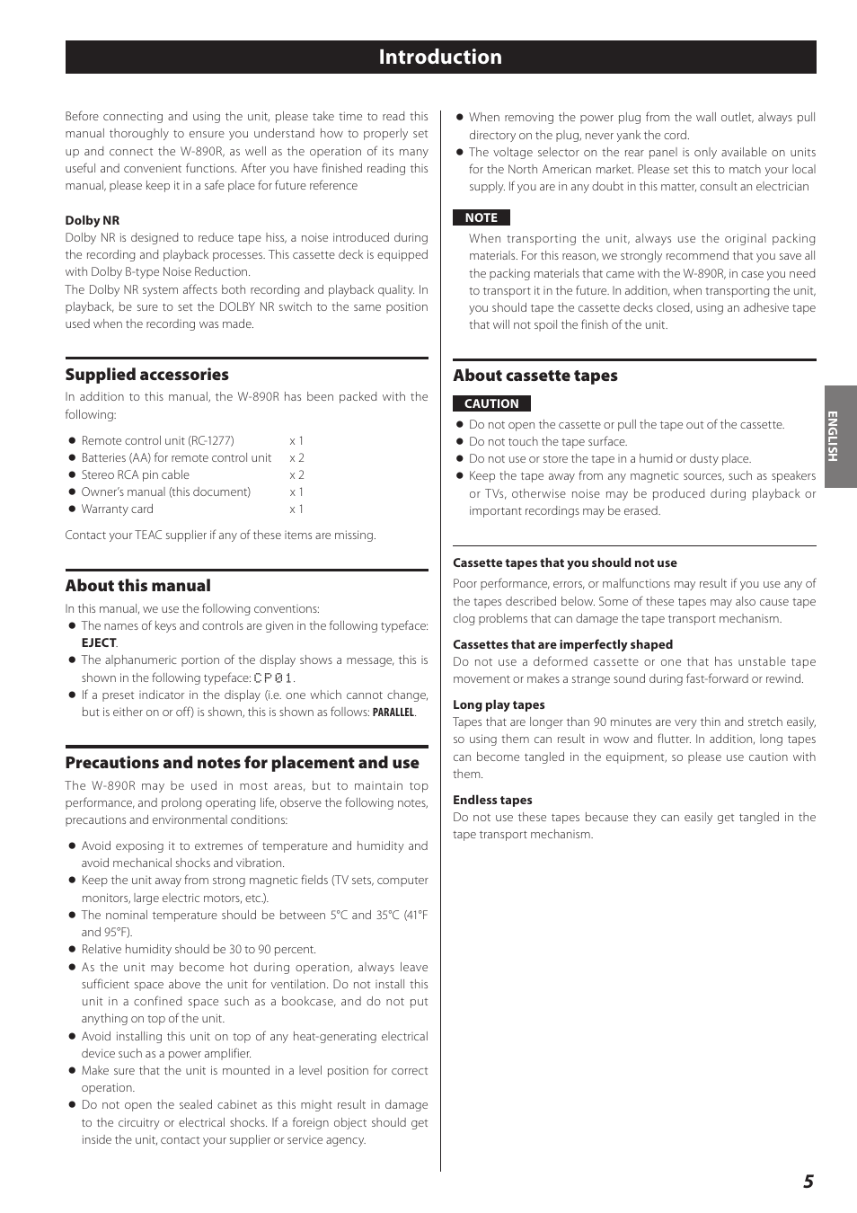 Introduction, Supplied accessories, About this manual | Precautions and notes for placement and use, About cassette tapes | Teac Double Auto Reverse Cassette Deck W-890R User Manual | Page 5 / 64