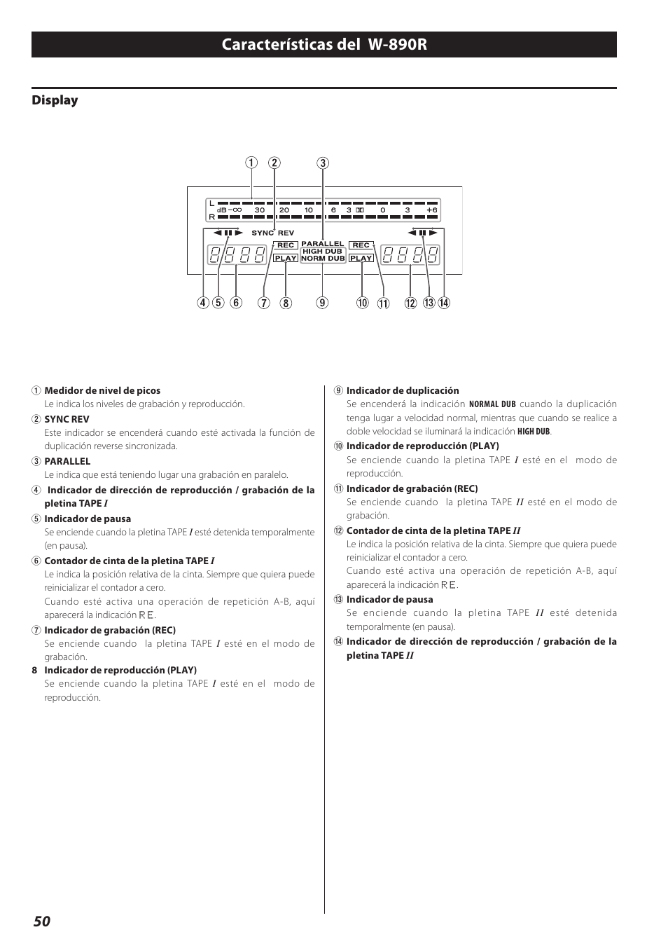 Display, Características del w-890r | Teac Double Auto Reverse Cassette Deck W-890R User Manual | Page 50 / 64