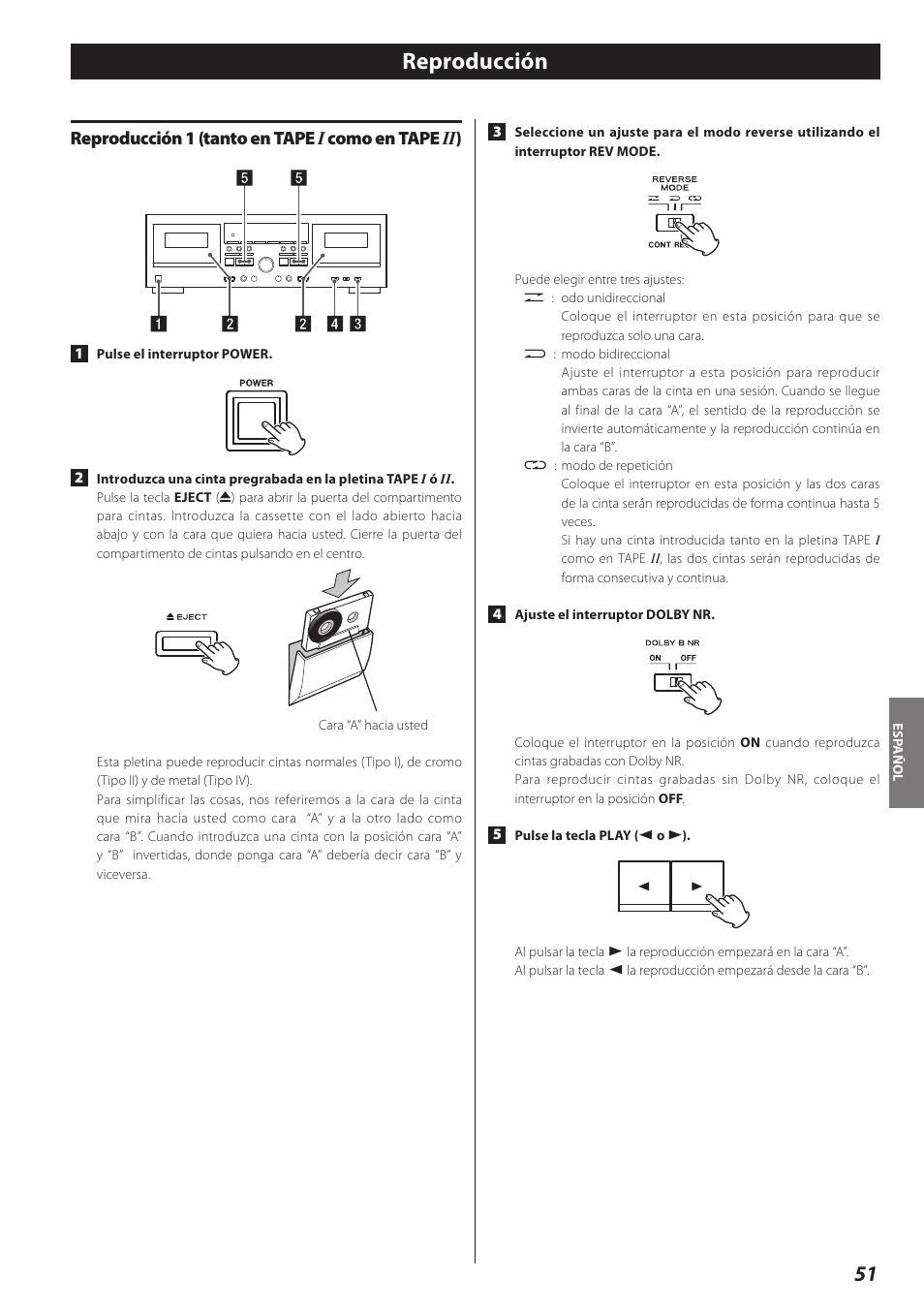 Reproducción, Reproducción 1 (tanto en tape i como en tape ii), Reproducción 1 (tanto en tape i como en tape ii ) | Teac Double Auto Reverse Cassette Deck W-890R User Manual | Page 51 / 64