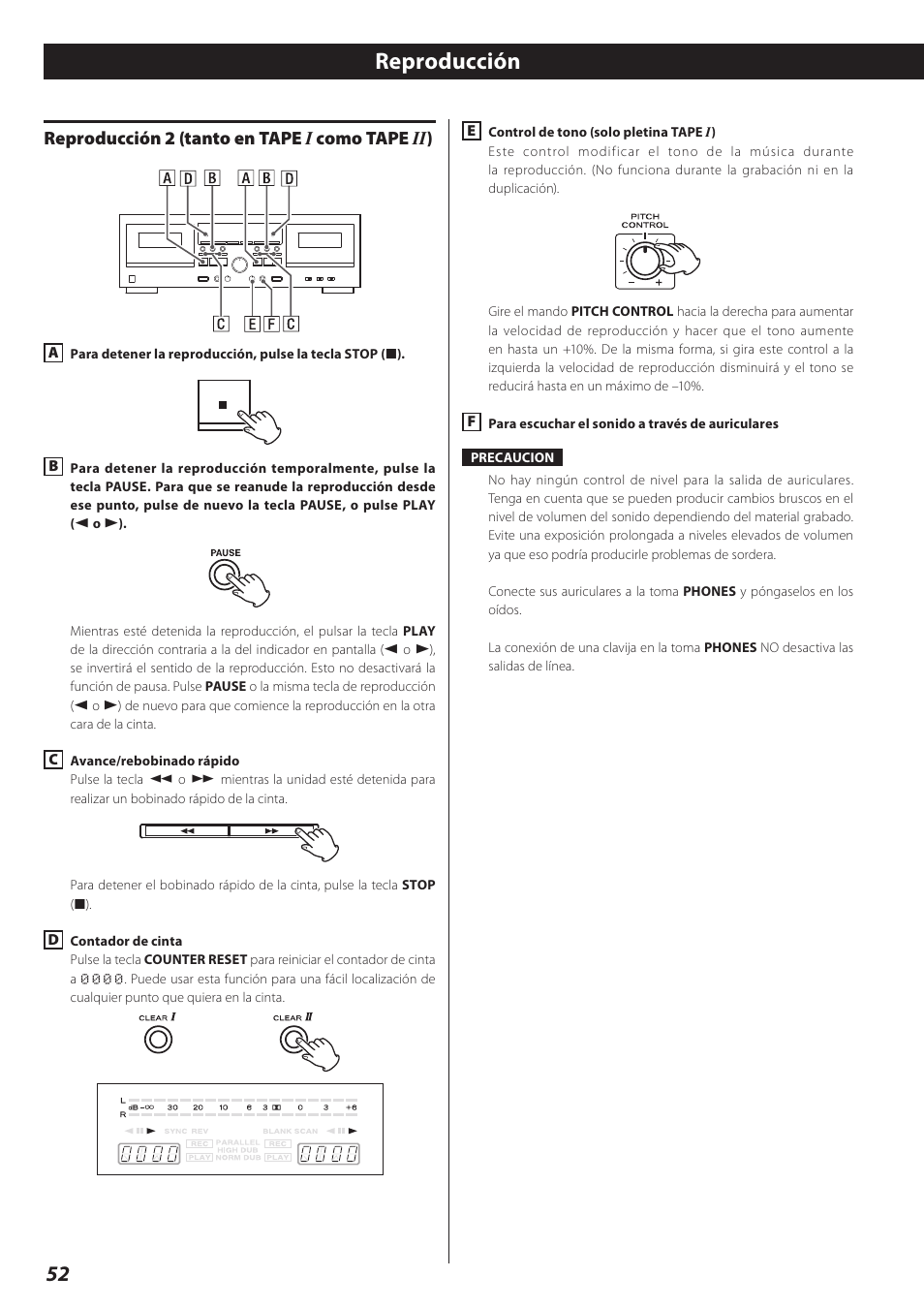 Reproducción 2 (tanto en tape i como tape ii), Reproducción, Reproducción 2 (tanto en tape i como tape ii ) | Teac Double Auto Reverse Cassette Deck W-890R User Manual | Page 52 / 64