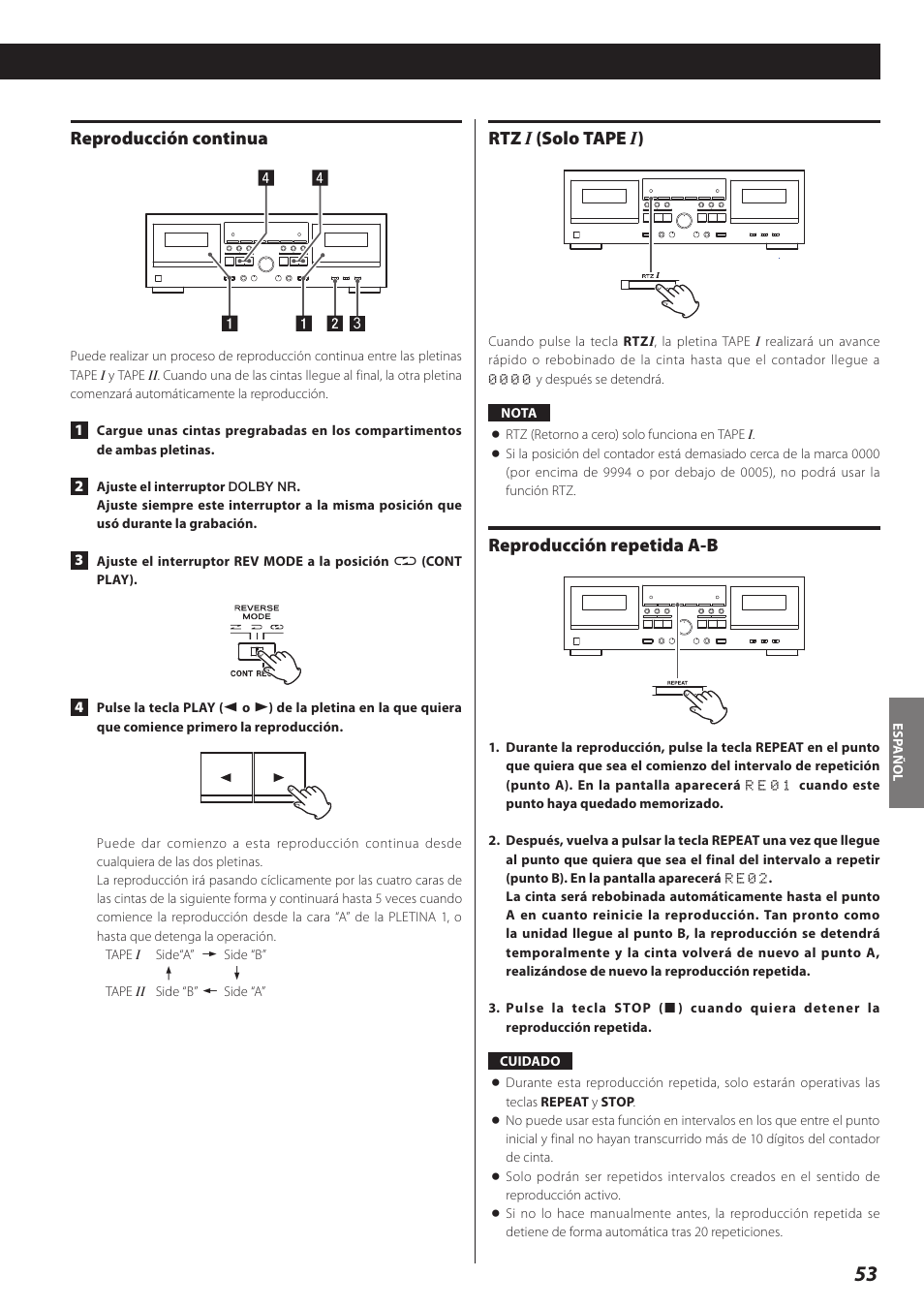 Reproducción continua, Rtz i (solo tape i), Reproducción repetida a-b | Rtz i (solo tape i ) | Teac Double Auto Reverse Cassette Deck W-890R User Manual | Page 53 / 64