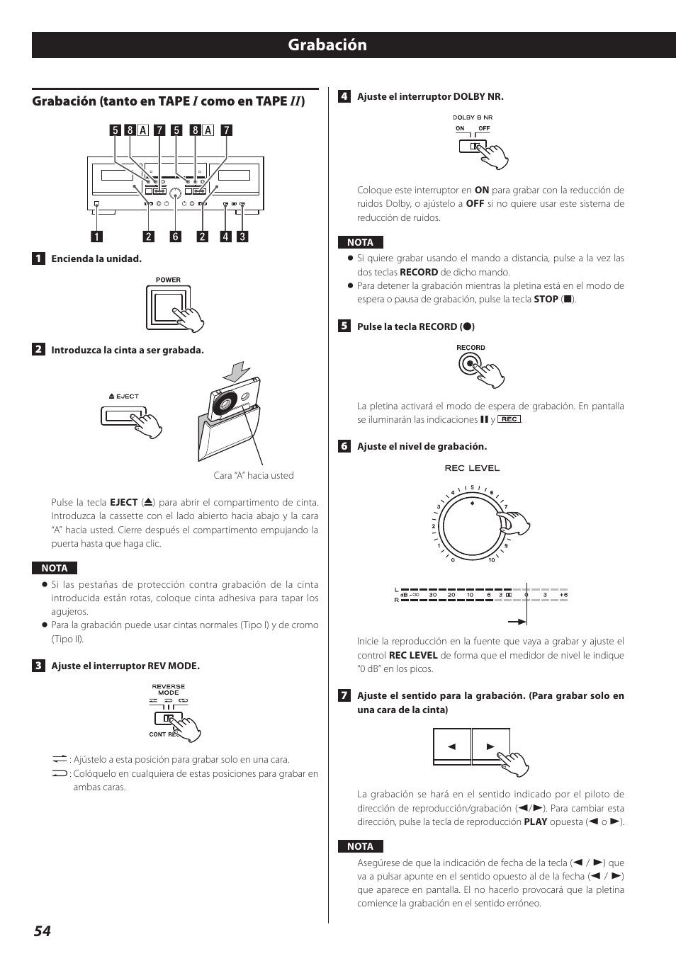 Grabación, Grabación (tanto en tape i como en tape ii), Grabación (tanto en tape i como en tape ii ) | Teac Double Auto Reverse Cassette Deck W-890R User Manual | Page 54 / 64