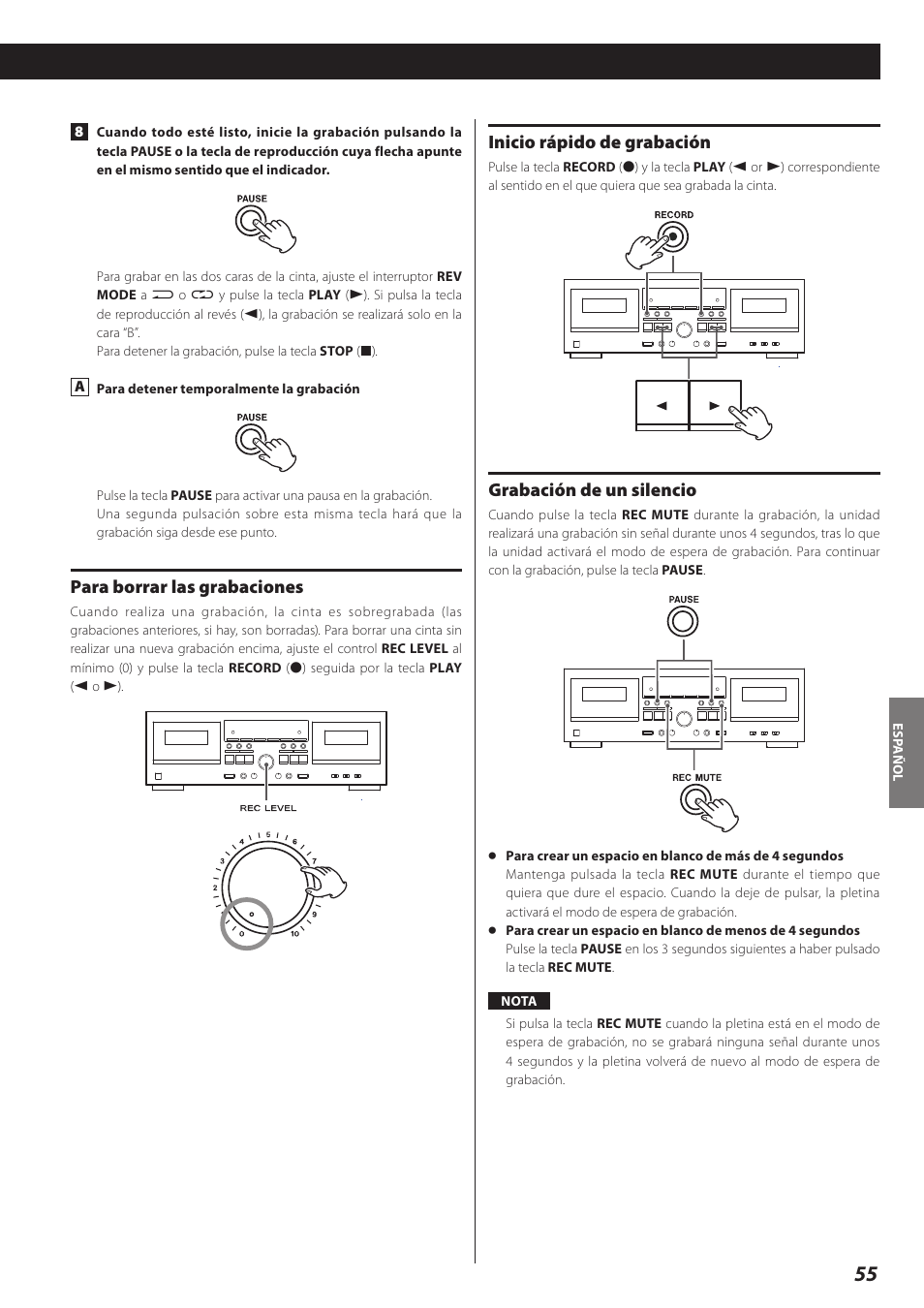 Para borrar las grabaciones, Inicio rápido de grabación, Grabación de un silencio | Teac Double Auto Reverse Cassette Deck W-890R User Manual | Page 55 / 64