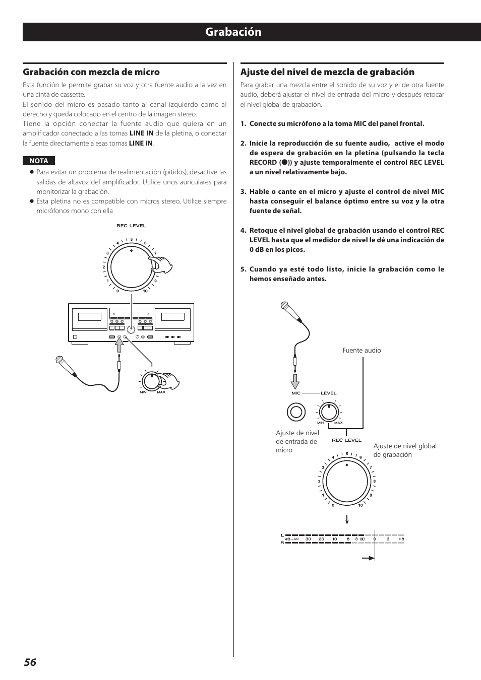 Grabación con mezcla de micro, Ajuste del nivel de mezcla de grabación, Grabación | Teac Double Auto Reverse Cassette Deck W-890R User Manual | Page 56 / 64