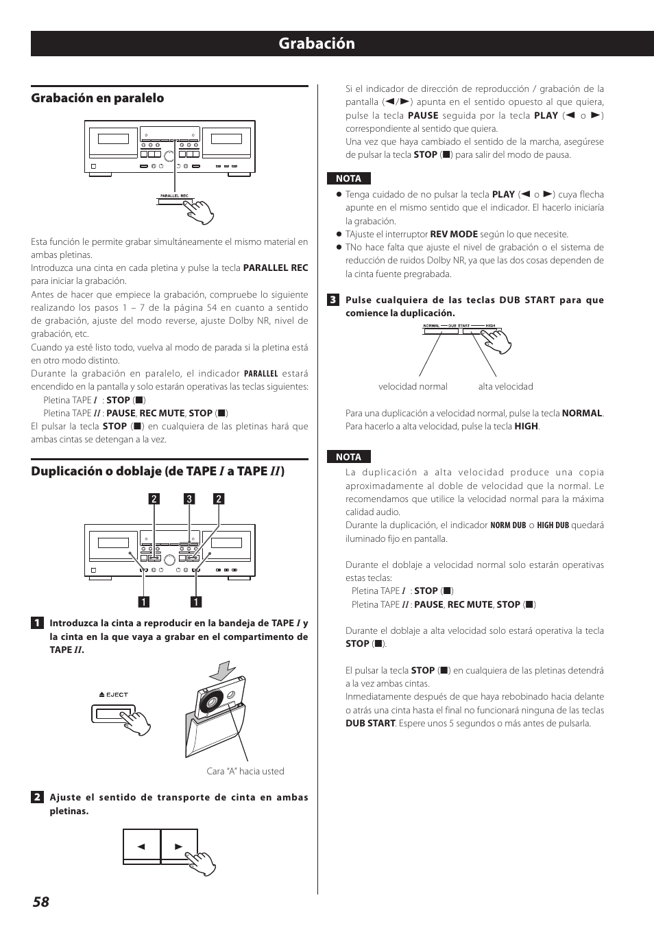 Grabación en paralelo, Duplicación o doblaje (de tape i a tape ii), Grabación | Duplicación o doblaje (de tape i a tape ii ) | Teac Double Auto Reverse Cassette Deck W-890R User Manual | Page 58 / 64