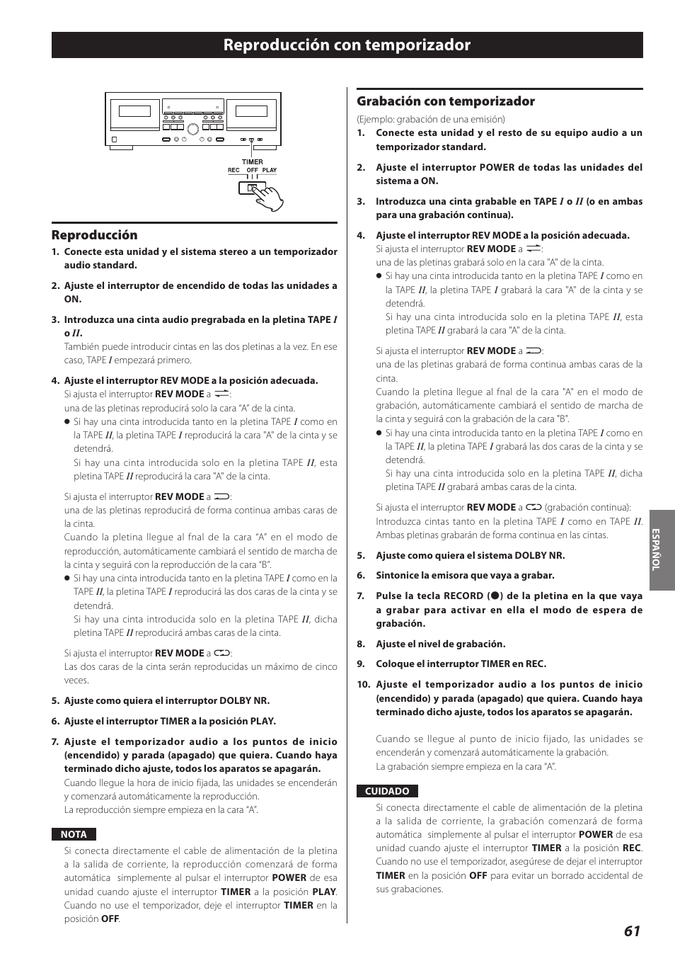 Reproducción con temporizador, Reproducción, Grabación con temporizador | Teac Double Auto Reverse Cassette Deck W-890R User Manual | Page 61 / 64
