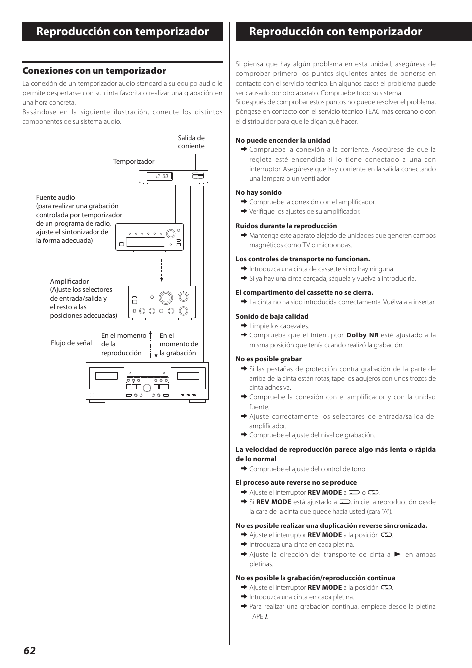 Conexiones con un temporizador, Reproducción con temporizador | Teac Double Auto Reverse Cassette Deck W-890R User Manual | Page 62 / 64