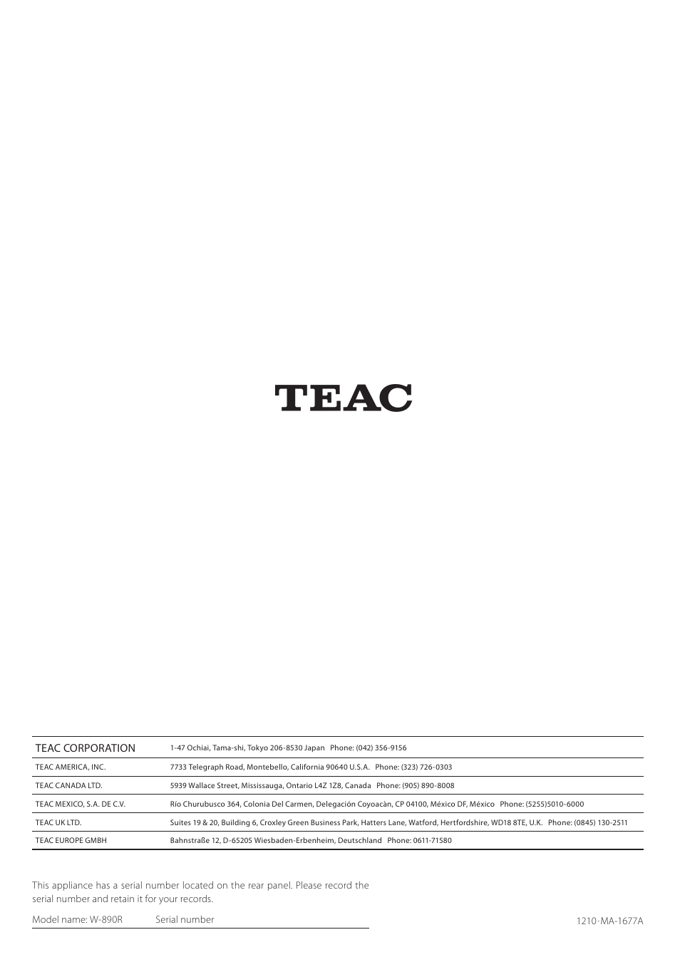 Teac Double Auto Reverse Cassette Deck W-890R User Manual | Page 64 / 64