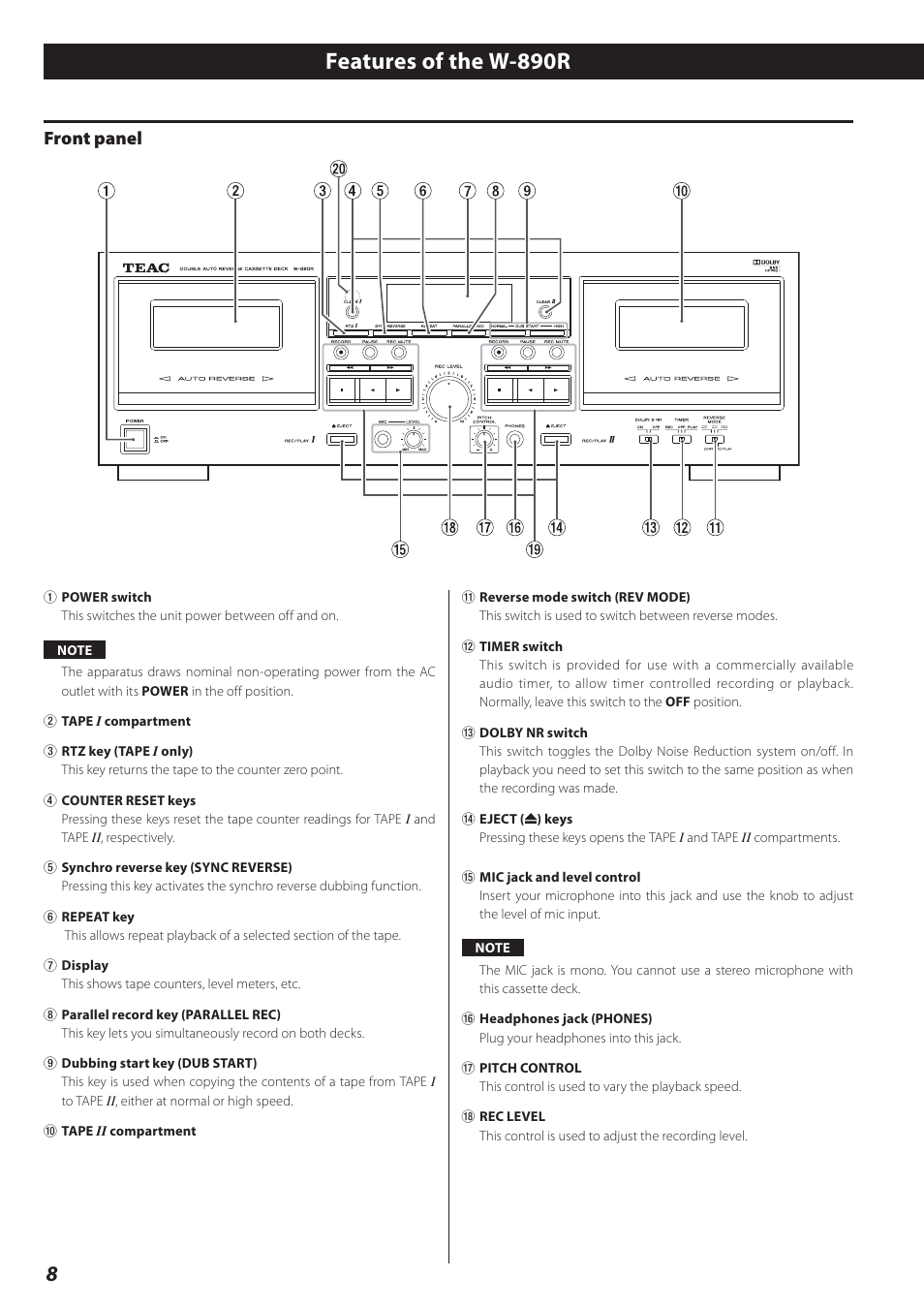 Features of the w-890r, Front panel | Teac Double Auto Reverse Cassette Deck W-890R User Manual | Page 8 / 64