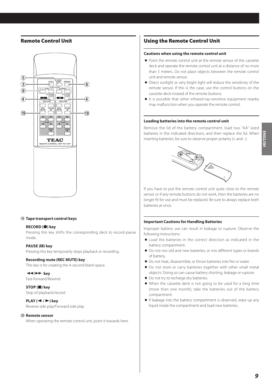 Remote control unit, Using the remote control unit | Teac Double Auto Reverse Cassette Deck W-890R User Manual | Page 9 / 64