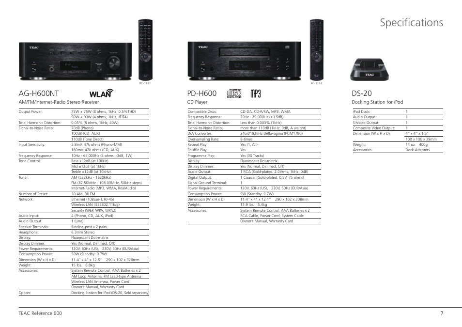 Specifications, Ag-h600nt, Pd-h600 | Ds-20 | Teac 600 User Manual | Page 9 / 10