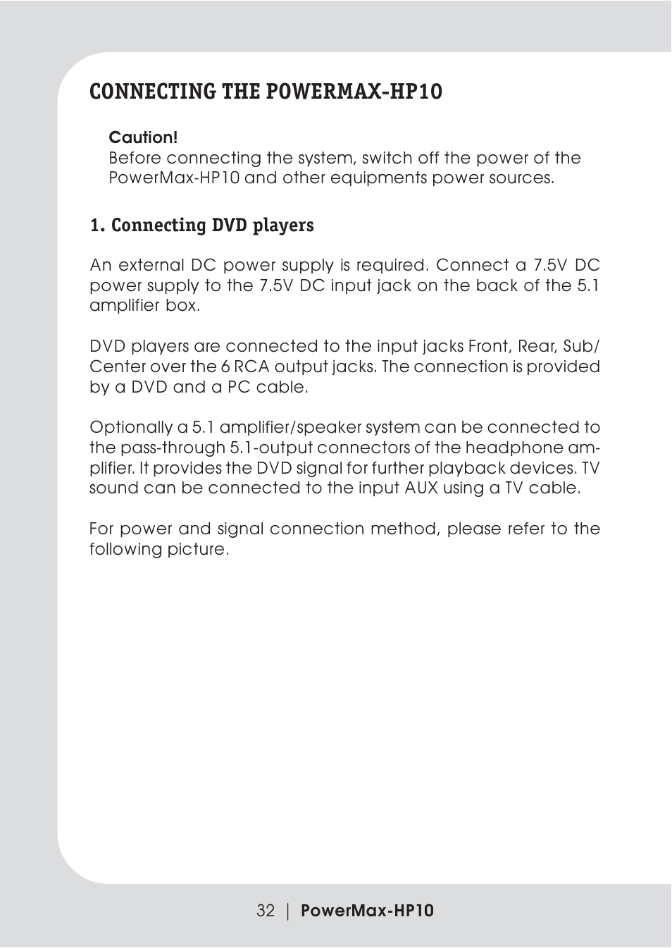 Connecting the powermax-hp10, Connecting dvd players | Teac PowerMax-HP10 User Manual | Page 10 / 24