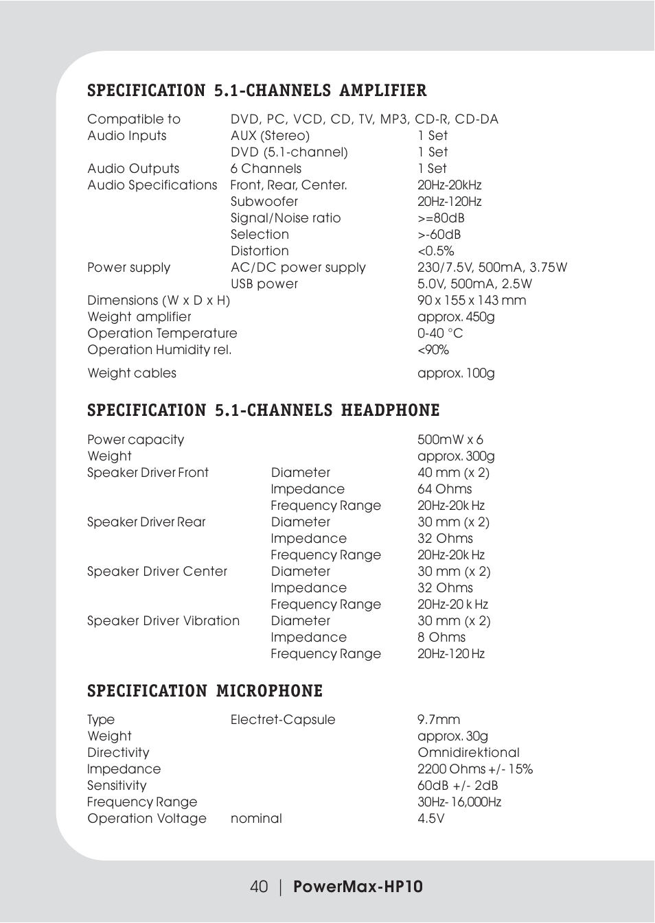 Specification 5.1-channels amplifier, Specification 5.1-channels headphone, Specification microphone | 40 | powermax-hp10 | Teac PowerMax-HP10 User Manual | Page 18 / 24