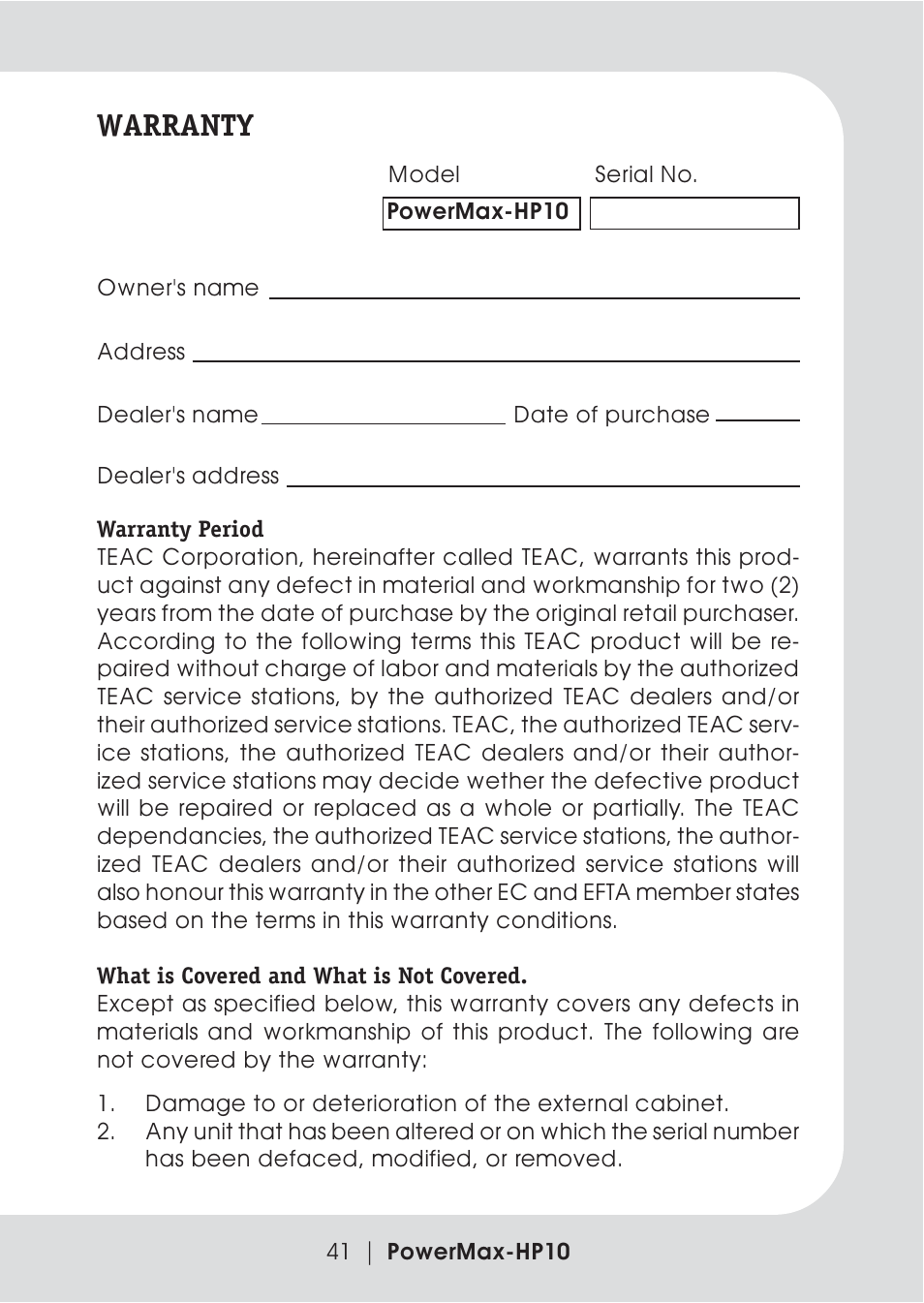 Warranty | Teac PowerMax-HP10 User Manual | Page 19 / 24