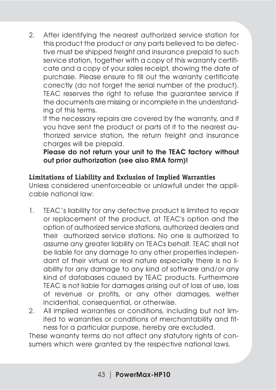 Teac PowerMax-HP10 User Manual | Page 21 / 24