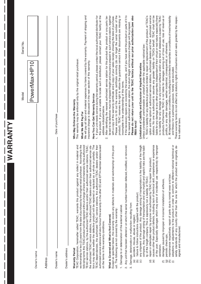 Warranty, Po wermax-hp10 | Teac PowerMax-HP10 User Manual | Page 23 / 24